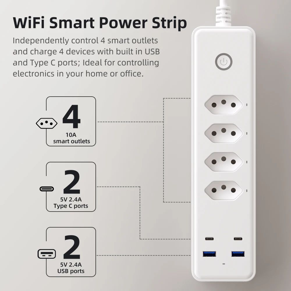 AVATTO Tuya WiFi Smart Power Strip Brazil Standard Plug Power Strip With 4 Outlets 2 USB 2 Type-C Support Alexa Google Home