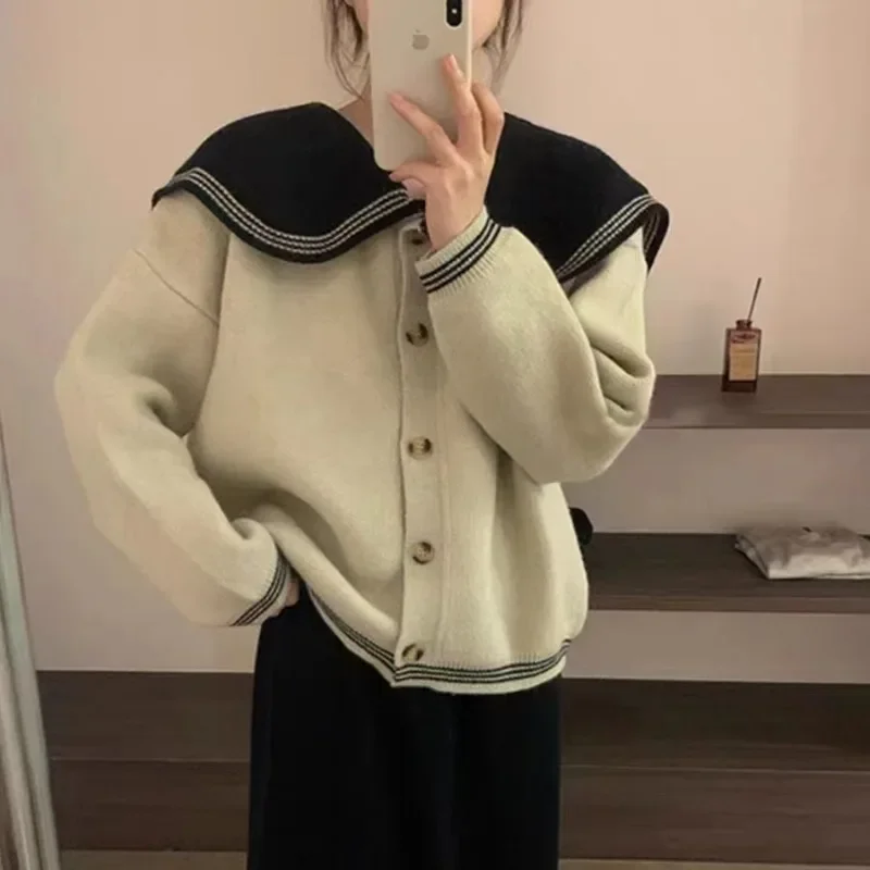 Sweater Cardigan Navy Collar 2024 Autumn New Loose Casual Age-reducing Doll Collar Korean-style Slim Sweater for Women