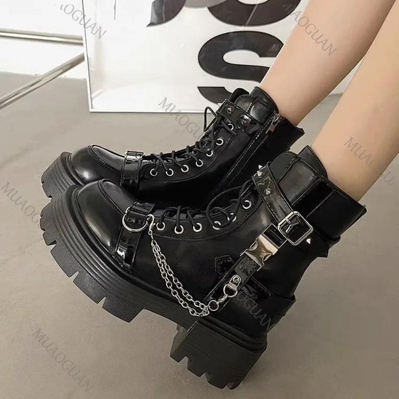 Sweet Punk Thick Bottom Ankle Boots for Women Autumn New Black Rivets Gothic Chunky Heeled Motorcycle Botas Side Zipper Shoes - view 4