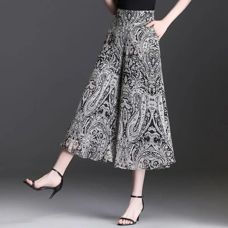 

2024 New Summer Wide Leg Pants Women High Quality Loose Bohemian High Waist Skirt Pants Vintage Trousers Women Bottoms Q134