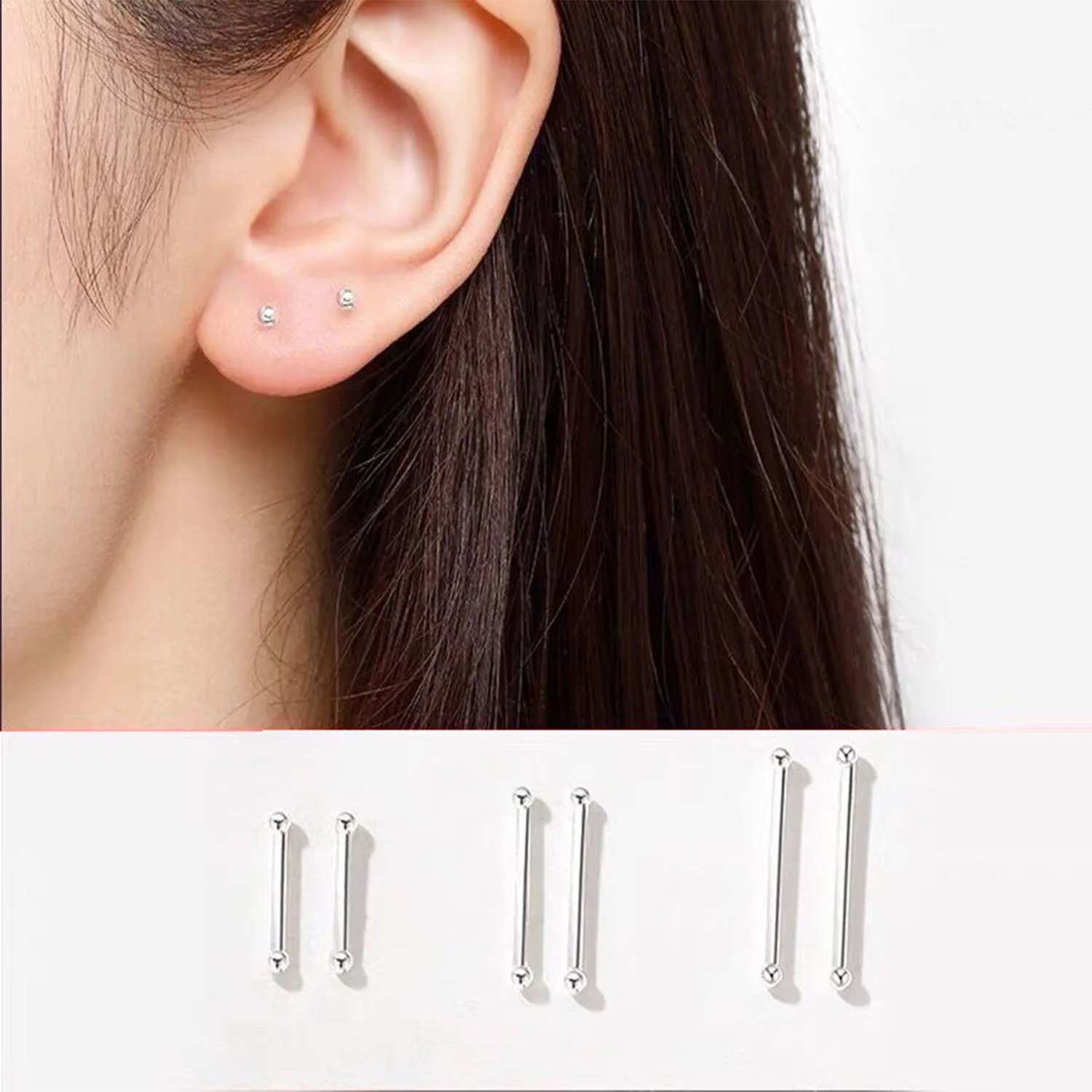 2 Pairs Women Silver Studs Piercing Tragus Earrings Small Ball Ear Bone Nail Stick Studs Earrings