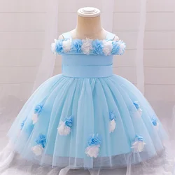 Infant Pink Flower Princess Party Girls Dress Elegant Pageant Birthday Prom Gown Summer Baby Girl Wedding Bow Bridesmaid Clothes