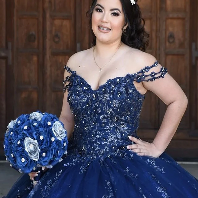 Luxo azul marinho querida quinceanera vestido 2023 apliques rendas cristal aniversário vestidos de baile doce 16 vestido espartilho