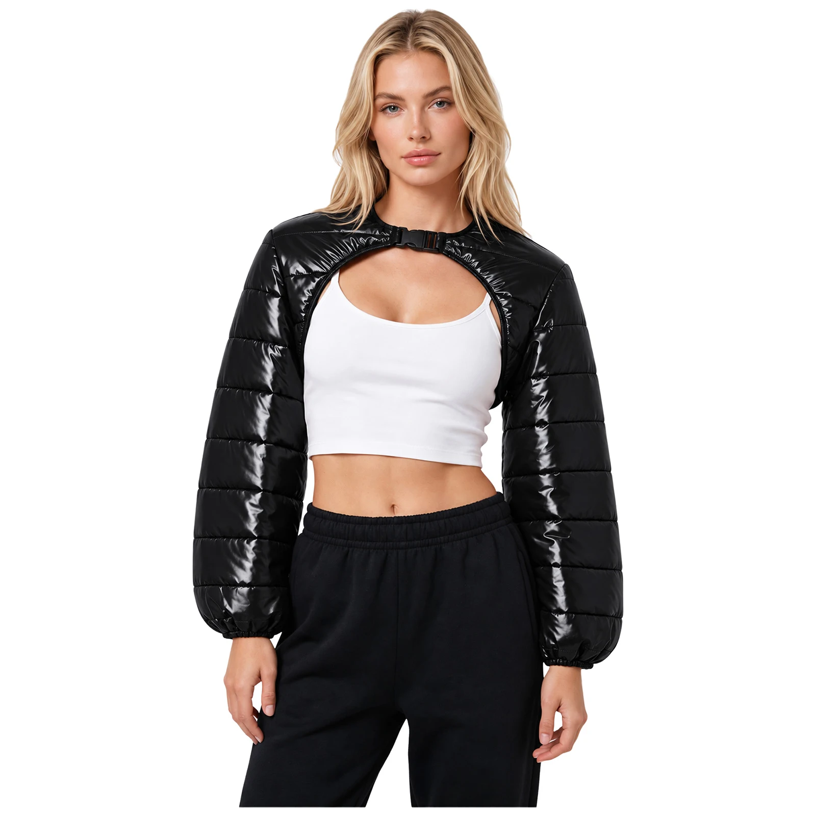 Womens Glossy Puffer Quilted Padded Crop Top Waterproof Long Sleeves Elastic Cuffs Open Front Shrug Tops Rave Club Streetwear