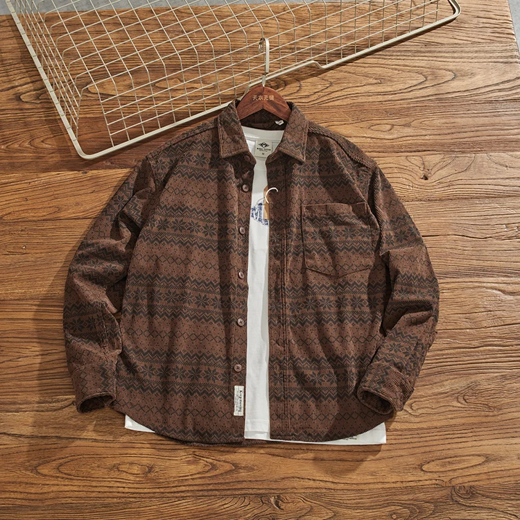 

Autumn New American Retro Long-Sleeve Lapel Corduroy Printed Shirt Men's Fashion 100% Cotton Washed Casual Cargo Blouses Coat