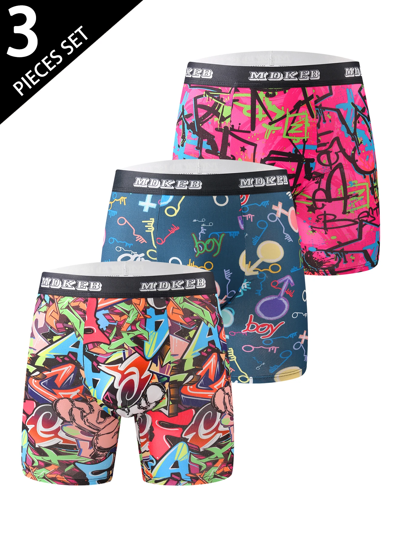 

Three-piece men's graffiti pattern long boxer briefs, breathable and comfortable high-elasticity long boxer briefs, boxing