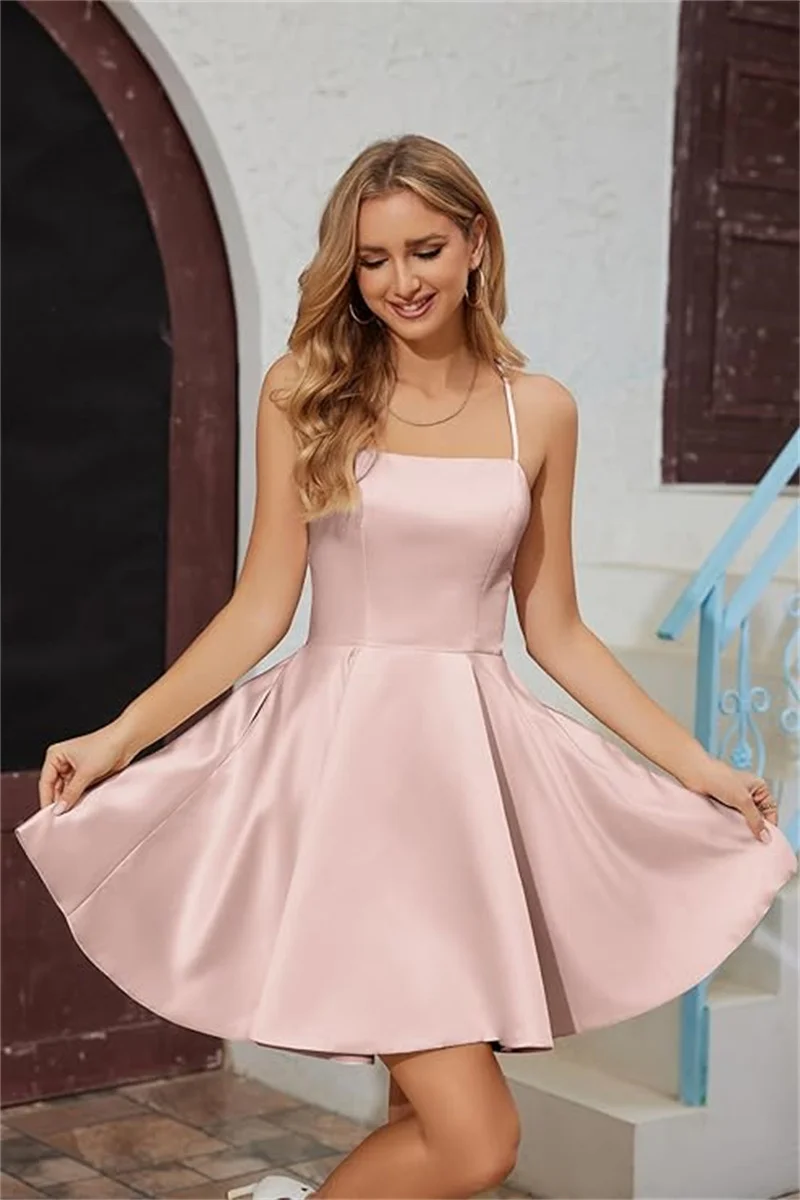 

Элегантное атласное короткое платье трапециевидной формы по индивидуальному заказу с карманами для подростков, платье для выпускного вечера на тонких бретельках для женщин