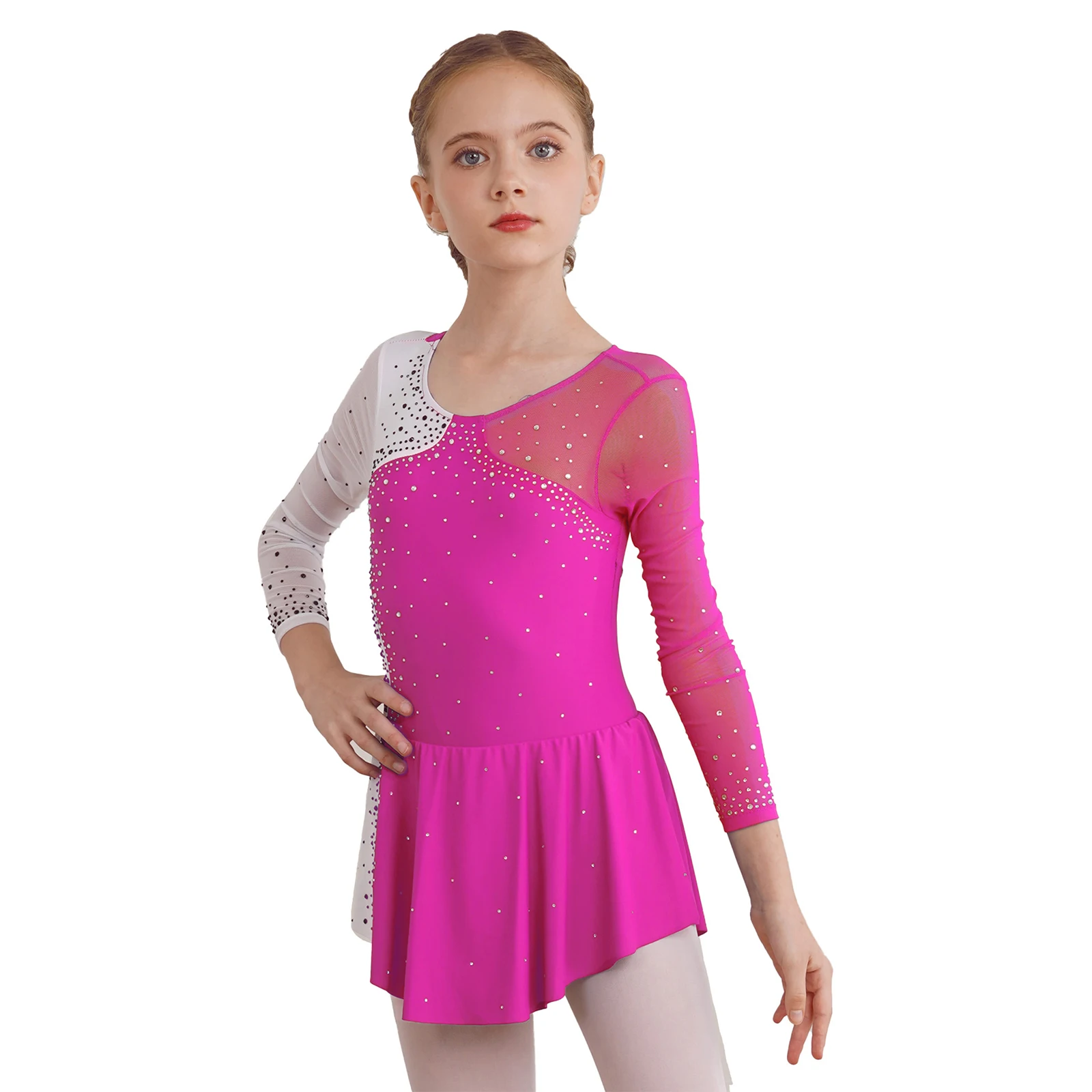 

Gymnastic Skating Dance Dress for Girls Long Sleeve Shiny Rhinestone Patchwork Sheer Mesh Leotard Ballet Latin Dancewear
