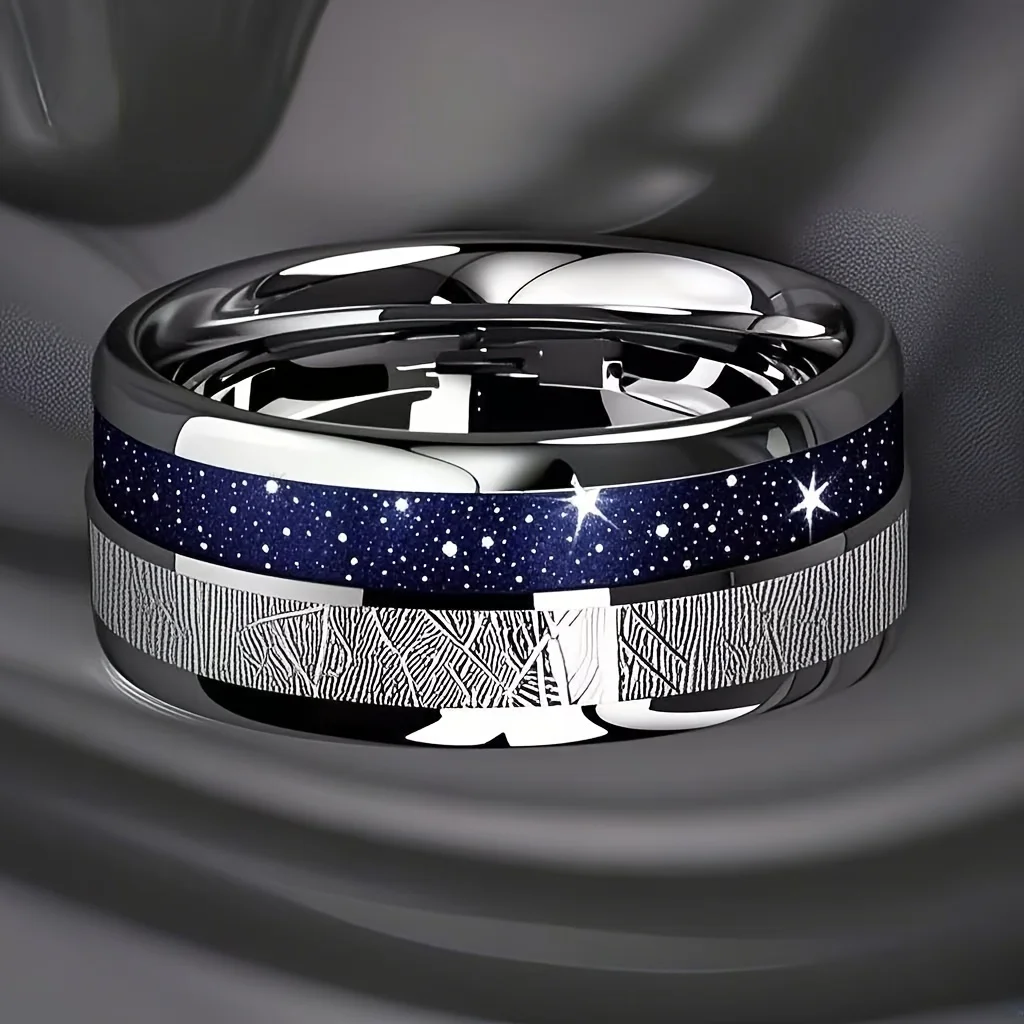 Fashion Dark Blue Starry Sky & Meteorite Inlay Rings 8mm Silver Color Men Stainless Steel Rings for Men Women Wedding Jewelry