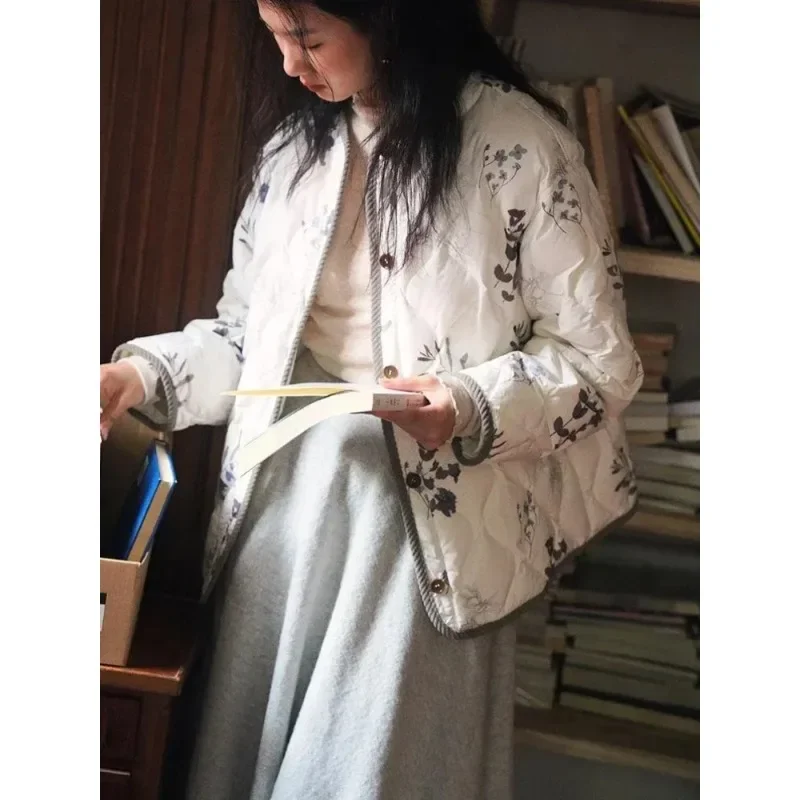 Vintage Floral Quilted Jacket Women's O Neck Single Breasted Diamond Plaid Loose Warm Outwear Fashion Long Sleeve Coat Top