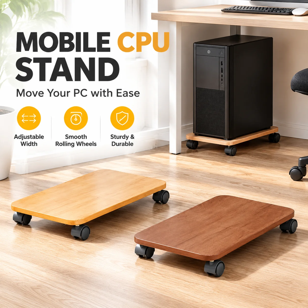 Adjustable Rolling CPU Holder Stand with Wheels Mobile PC Tower Base for Under Desk Home Office