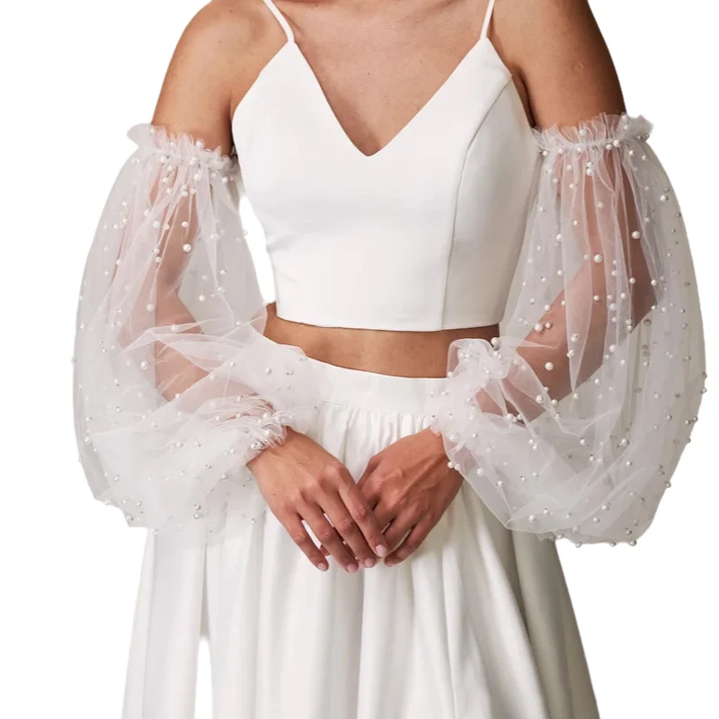 신부 투명 메쉬 진주 팔 슬리브 웨딩 드레스 긴 장식 Tulle Sleeves 의상 액세서리