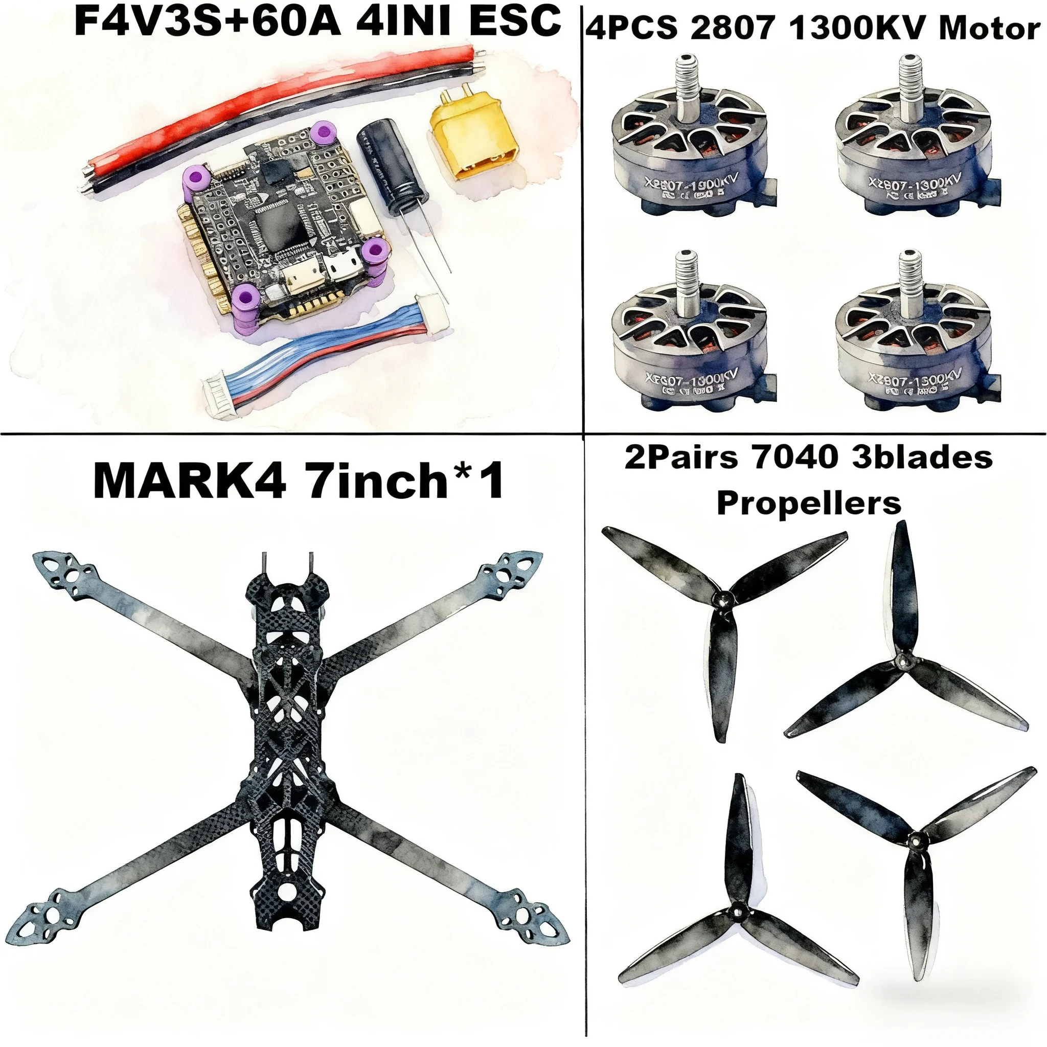 

MARK4 7-дюймовый HD F4V3S/F4V3S PLUS Управление полетом 45/60A 4INI ESC стоечный дрон FPV из углеродного волокна PV Racing Drone Квадрокоптер Фристайл