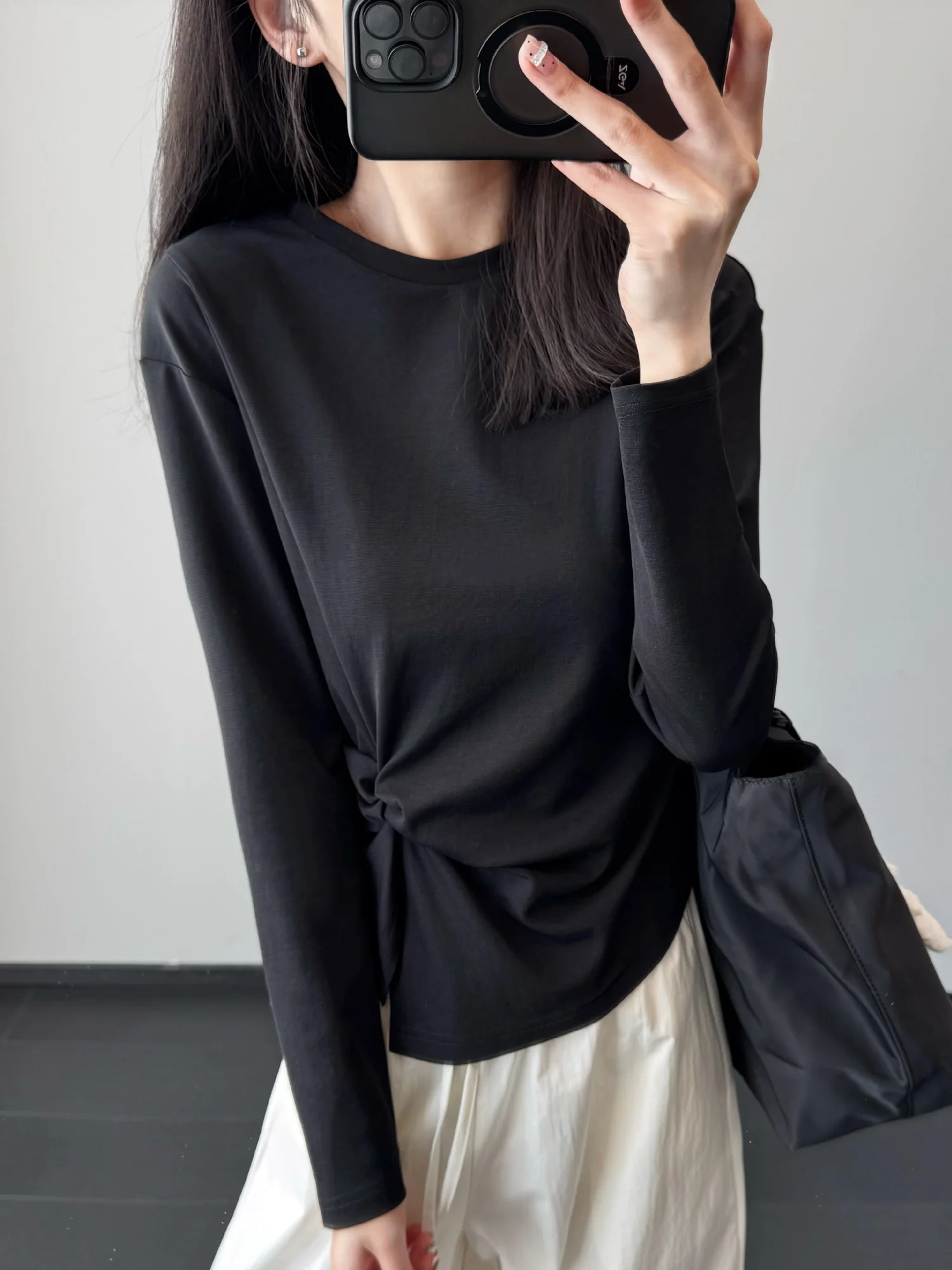 

Slimming Long Sleeve T-Shirt Women's French Style Waist-Cinching Design Cover Belly Button Romantic Drop Shoulder Acetate Top