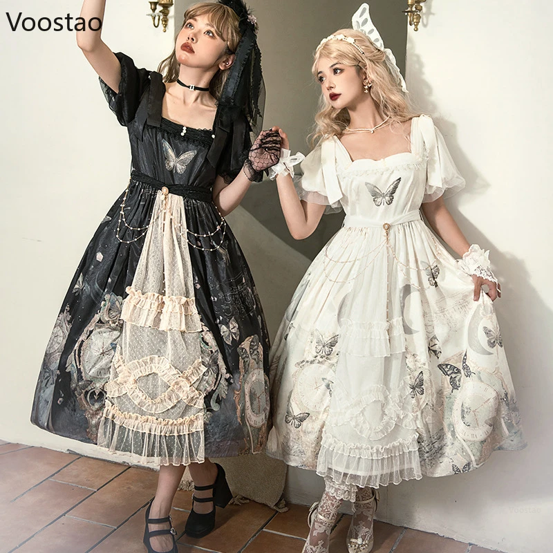 Victorian Vintage Sweet Lolita Princess Dress Women Elegant Lace Mesh Butterfly Print Party Dresses Girls Gothic Y2k Vestidos