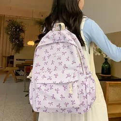 Nylon Student Backpack Bow Printed for Girls Women Schoolbag Adjustable Strap Travel Bag Cute Knapsack