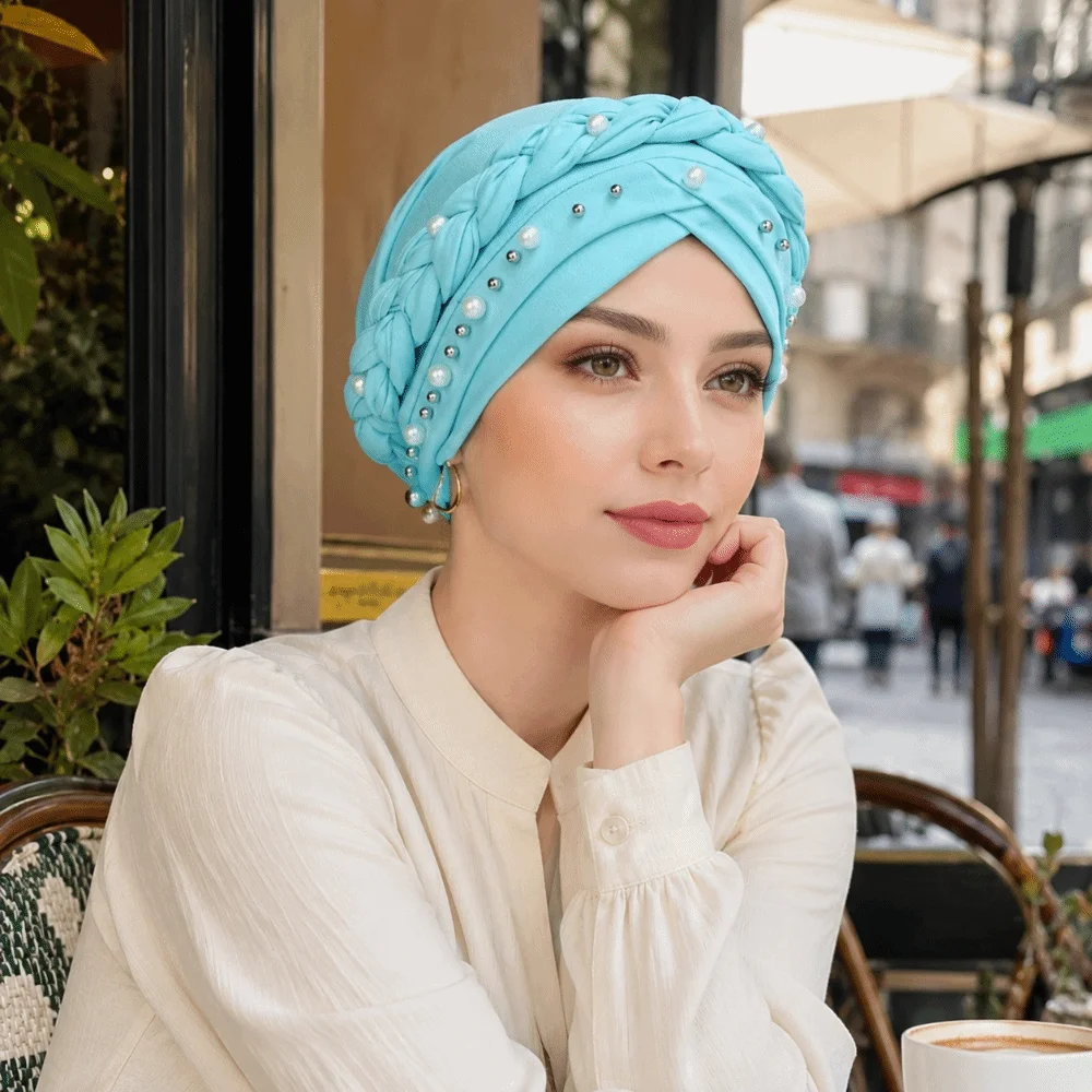 Pearl Bead Pre-Tied Twisted Hijab Solid Color Breathable Imitation Pearl Turban Hat Lightweight Comfortable Head Scarf Women