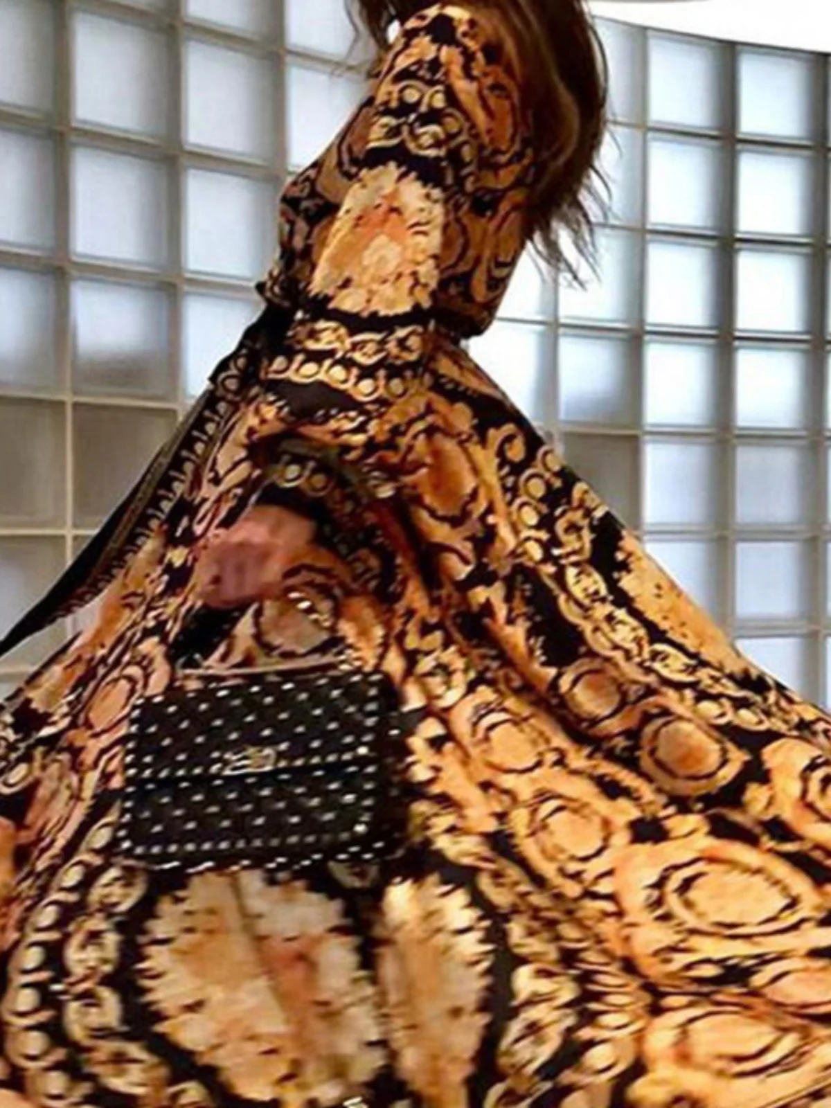 n Sle Long Sve Printed Chiffon Dr Waist Cinched Robe Sle Casual Long Dr Women's Faion Spring Autumn