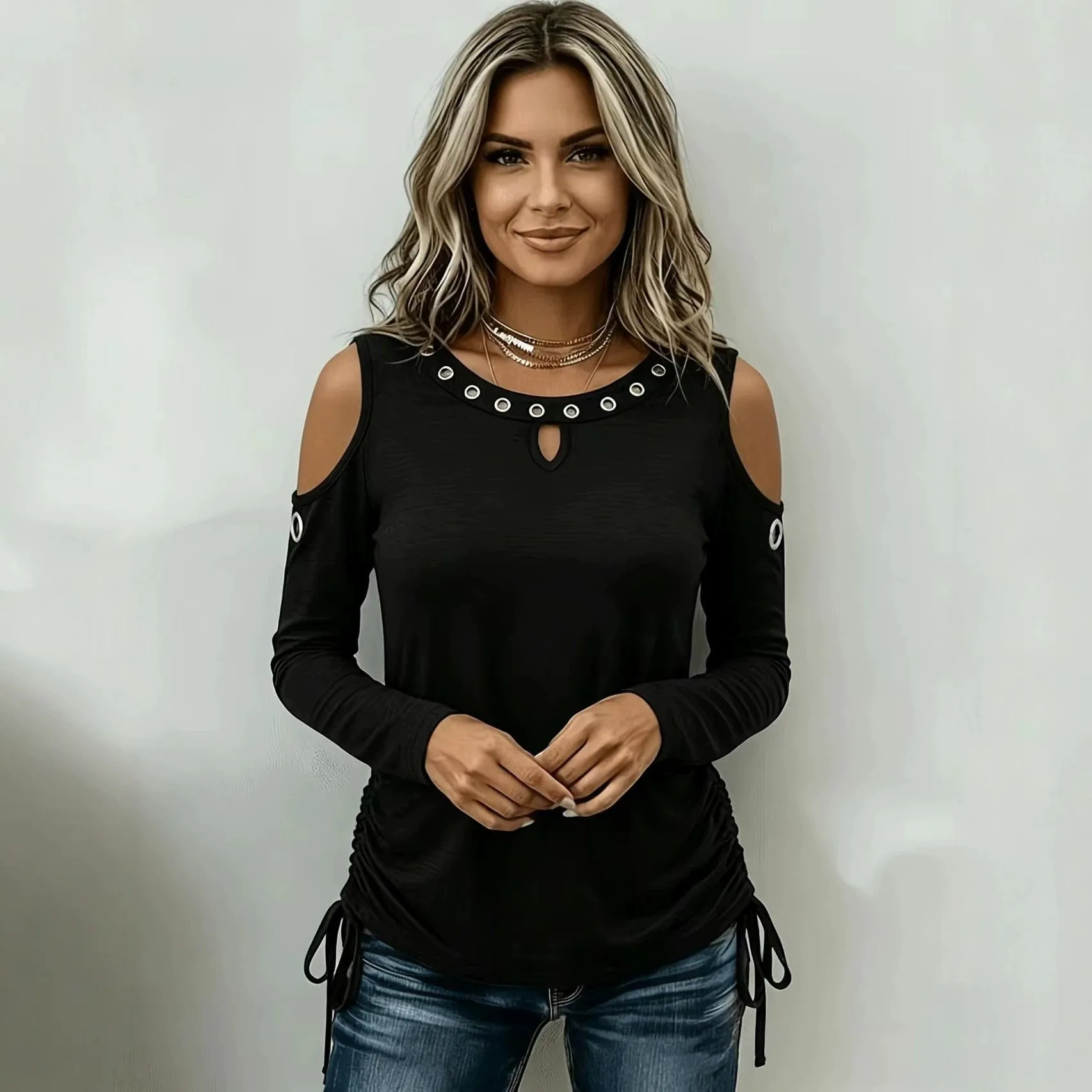 Round Neck Long Sleeve Slim Fit Elegant Top with Scenic Pattern Creative Design Off Shoulder for Women Long Sleeve Shirt