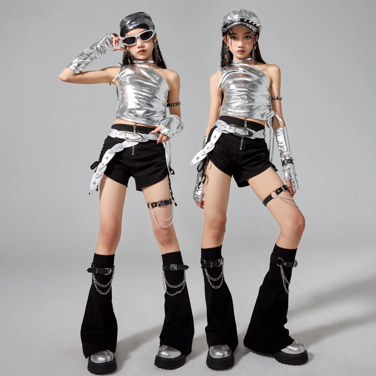 키즈 재즈 댄스 의류 소녀 Kpop 무대 복장 실버 탑 블랙 Shortsschool 쇼 공연 정장 패션 스트리트웨어 AMY2393