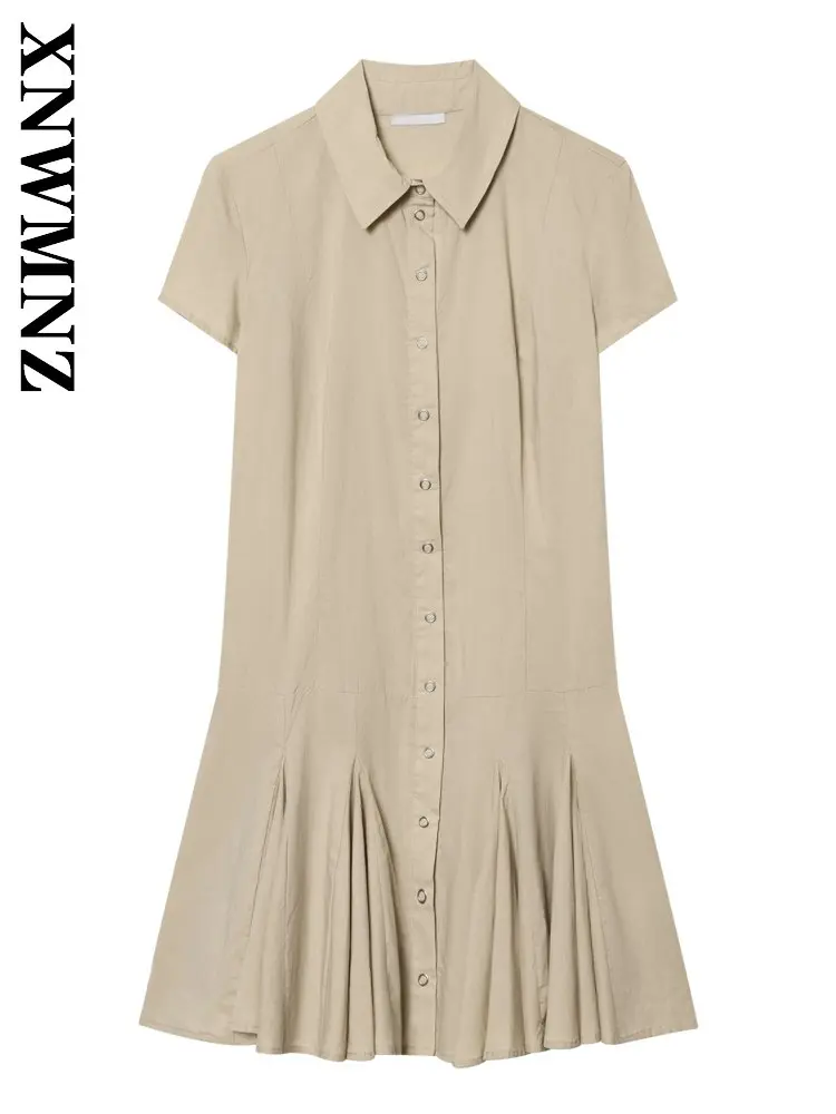 

XNWMNZ 2026 Summer Lady Chic Fashion Short Sleeve Dresses Simple Versatile Woman's khaki Turn-down Collar Vintage Thin Dress