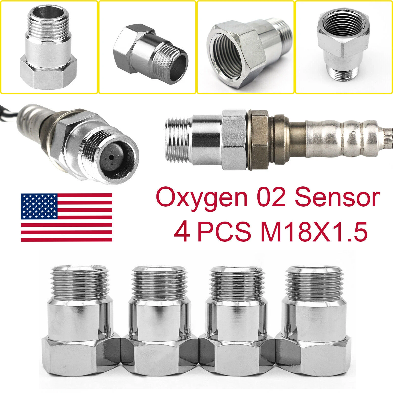 4PCS O2 Oxygen Sensor Test Pipe Extender Spacer Adapter Steel and Chromed M18x1.5 Cel Fix Check Engine Light  for Car Part