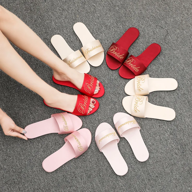 Women Sandals Summer Shoes Woman Satin Slippers 2024 Red Wedding Slippers Soft Bottom Bride Sandal Zapatos De Mujer