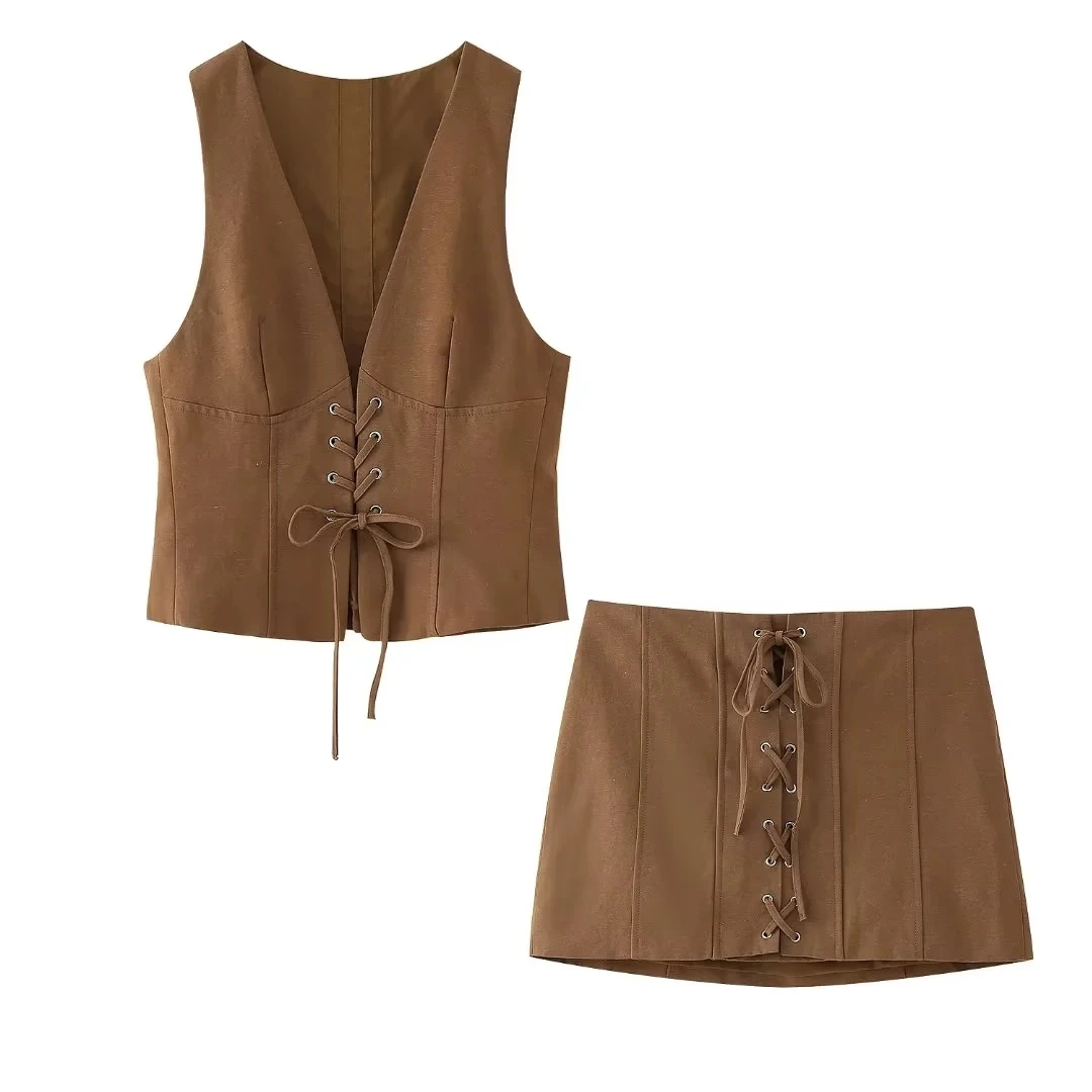 Summer Womens Brown Lace Up Vest And Short Skirt