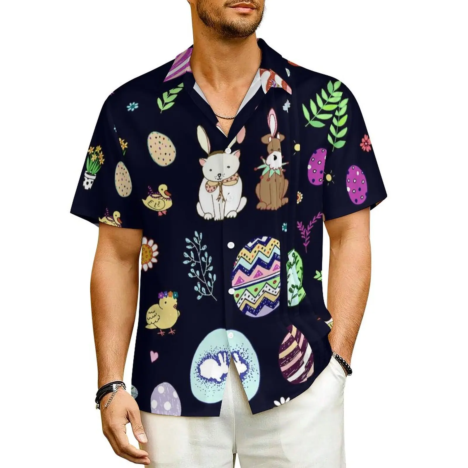 Happy Easter Vacation Shirt Eggs Bunnies Floral Animal Summer Casual Shirts Man Elegant Blouses Short Sleeve Breathable Clothes