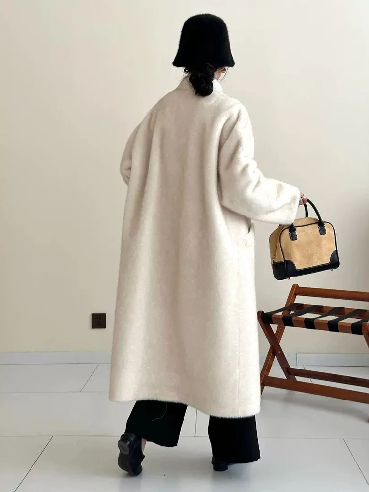 LANMREM Casual Imitation Mink Coat For Women Stand Collar Single Breatsed Solid Color Pockets Design Coats 2024 Winter New Z2627