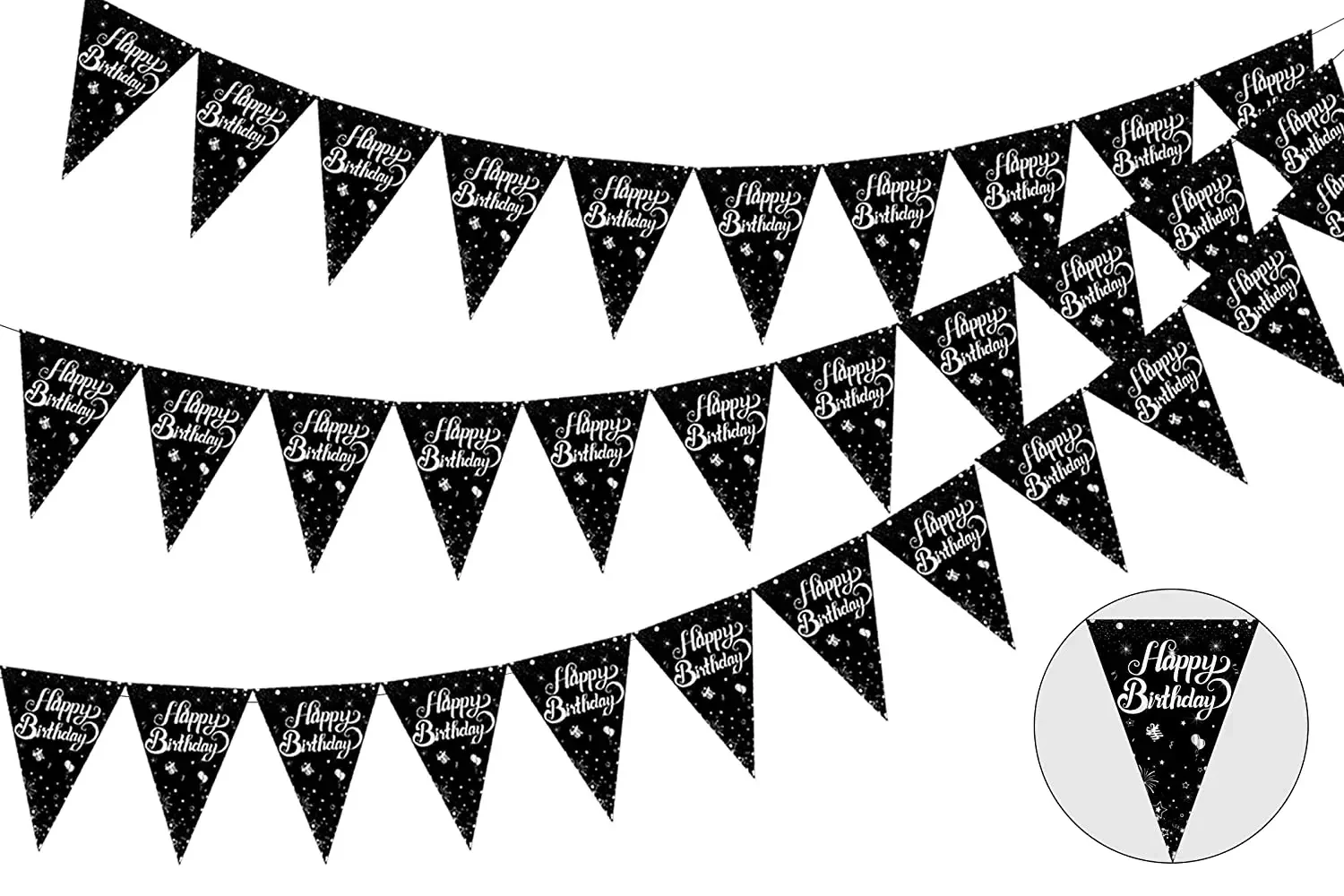 

Birthday Decorations for Men and Women, Black and Silver, Bunting Banner, Triangle Flag, Pennant Banner for Boys and Girls