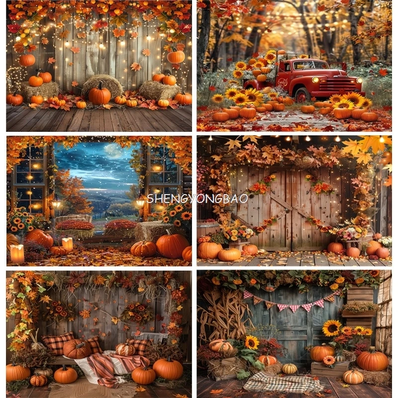 

Autumnal Pumpkins Farm Photography Backdrops Props Halloween Fall Field Maple Leaf Scarecrow Fence Photo Studio Background FM-07