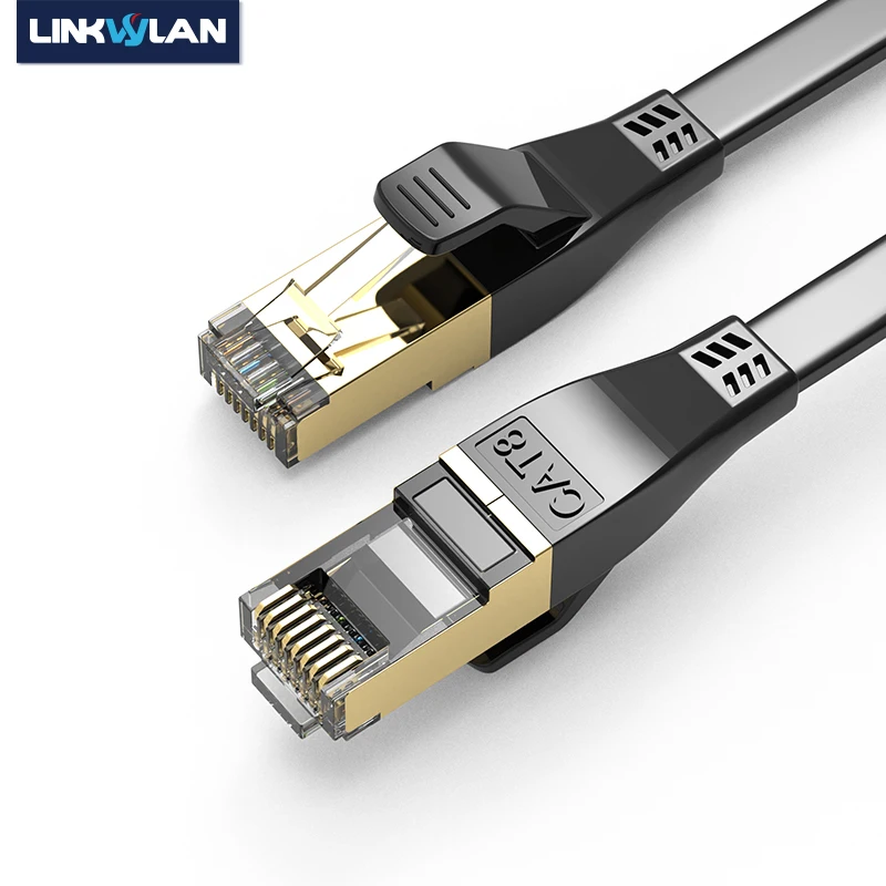 Linkwylan RJ45 Ethernet Cat8 Flat LAN Cable CAT 8 Network Patch Cord Soft Flexible 40G 2000MHz Black White 0.5m 1m 2m 3m 5m