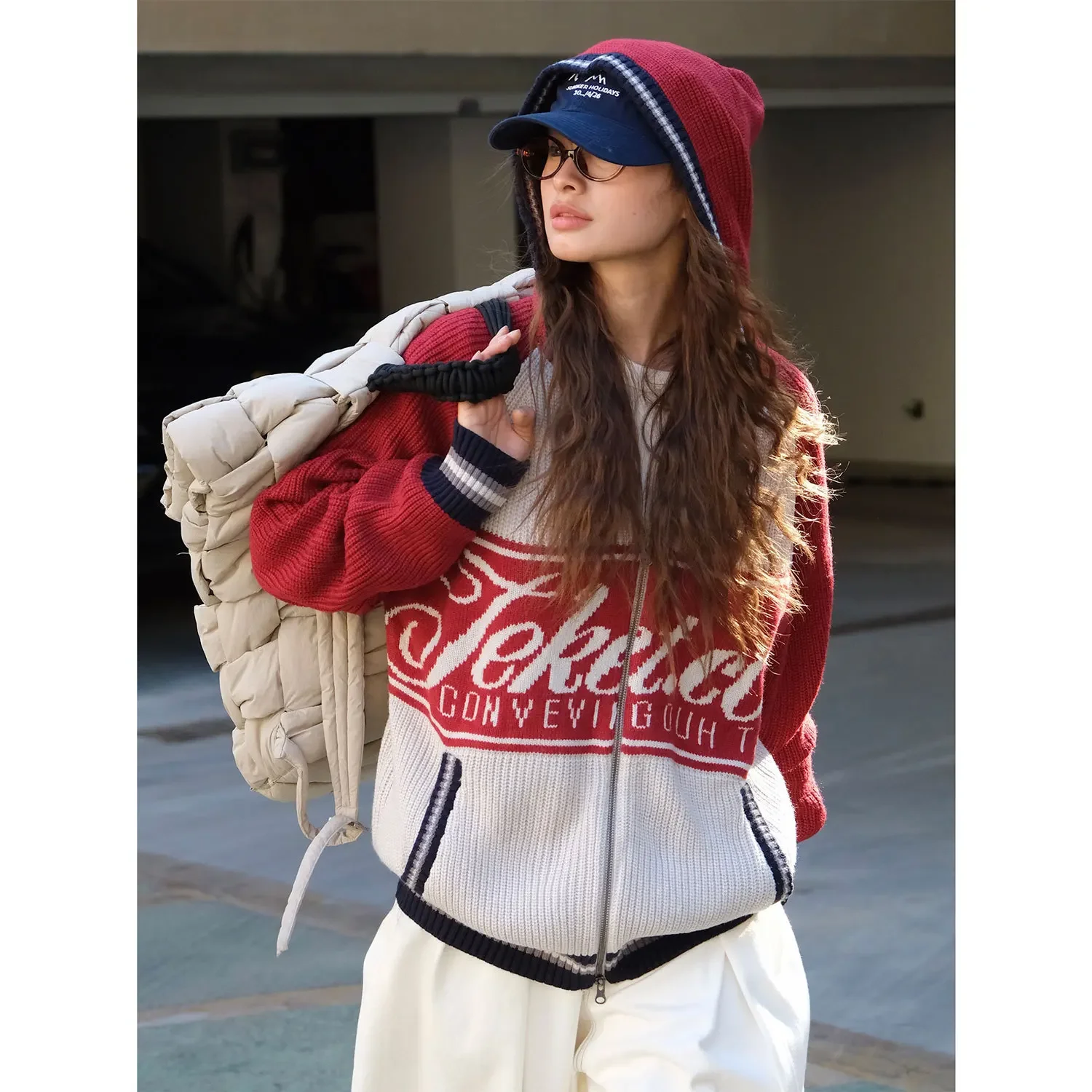 Autumn and winter new American street style retro contrast letter hooded sweater warm sweater jacket for women