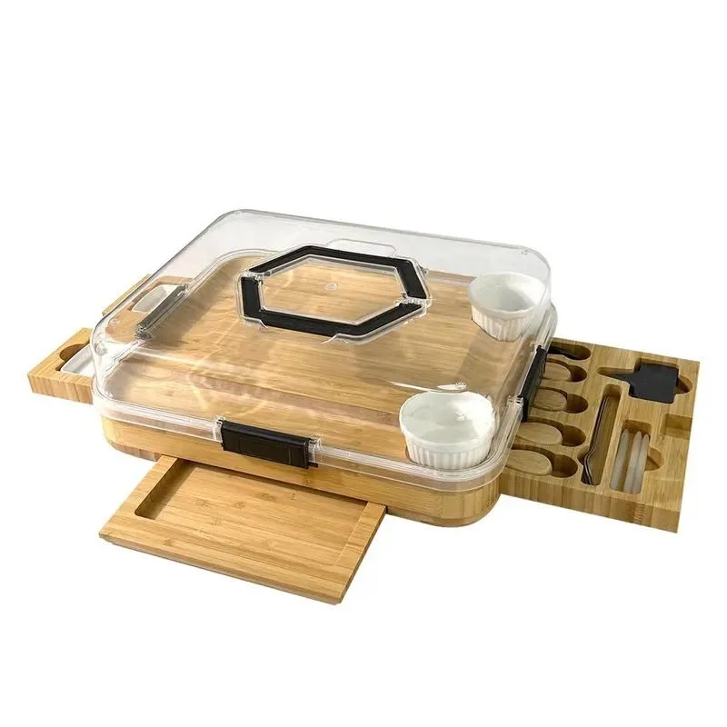for Bamboo Deli Board Set Retractable Tray Transparent Locking Cover Sustainable Durable Portable Dishwasher Available Cheese