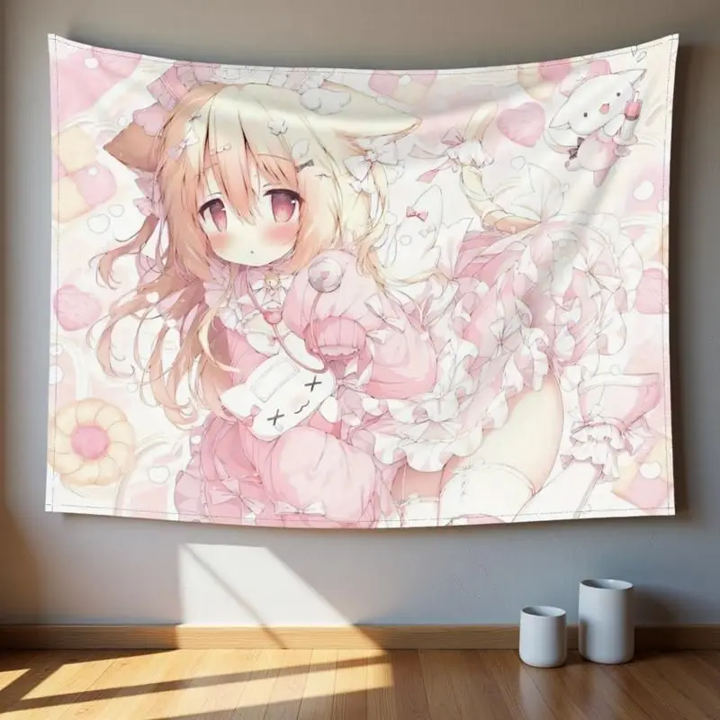 VIKAMA Pink Soft Cute Cat Ear Girl Lolita anime Tapestry Wall Hanging Home Decor for Bedroom Living Room Dorm Sweet Punch