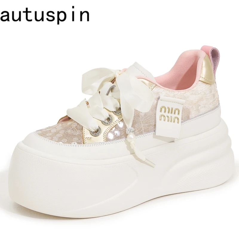 

Autuspin Women Inner Height Shoes New Fashion Lace Bling Leather Summer Chunky Platform Skateboard Sneakers Ladies Trend Tide