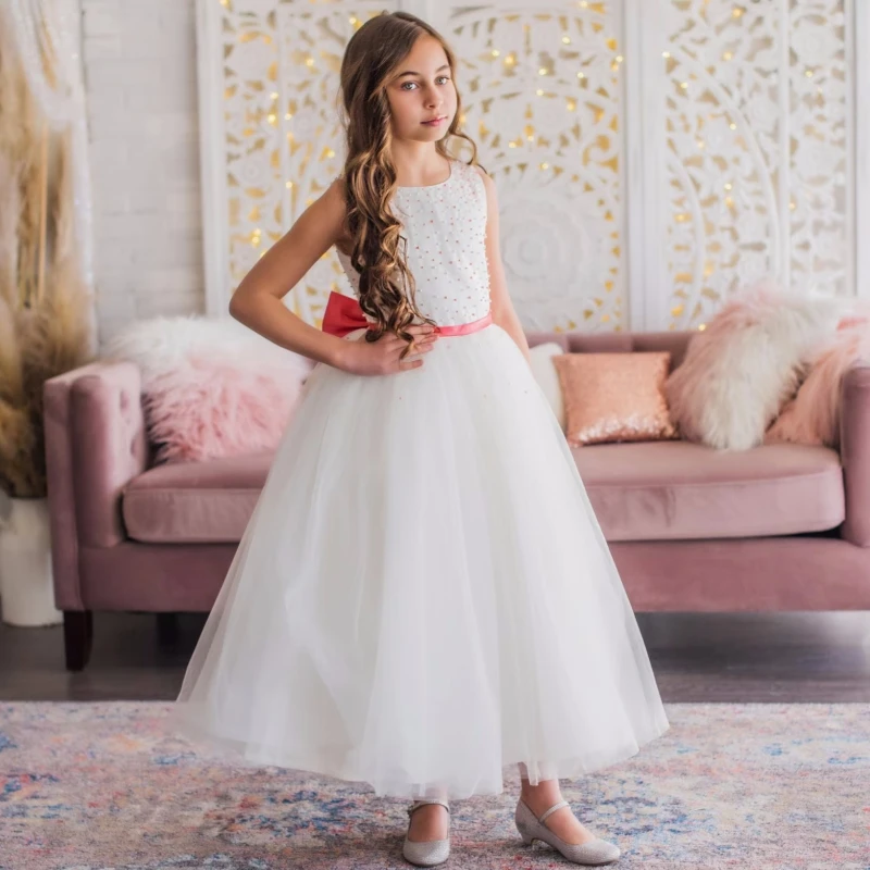 Customized White Flower Girl Dresses Pearls With Red Bow Ribbon Sleeveless For Wedding Birthday Party Holy Communion Gowns