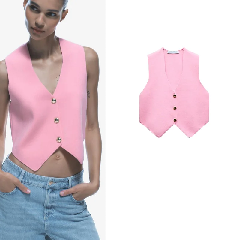 

mat Retro Svel V-Ne Suit Top Flat Needle ort Vest 49203 Summer New Arrival Women's Faion Commute Sle
