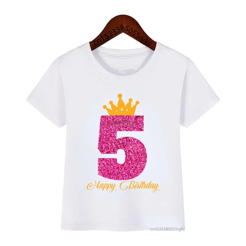 New Explosive Crown Birthday Printed T Shirts Kids Birthday Girls T Shirts Custom Number Name Funny Cute Gift T Shirts