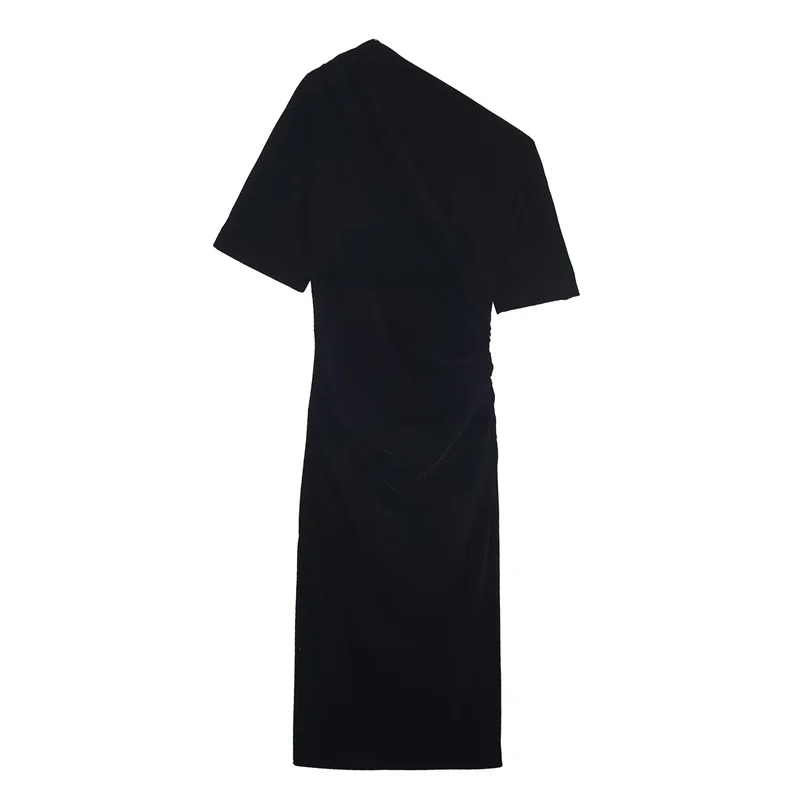 Robe longue noire en velours pour femmes, manches courtes, col asymétrique, élégante et élégante, nouvelle collection hiver 2025
