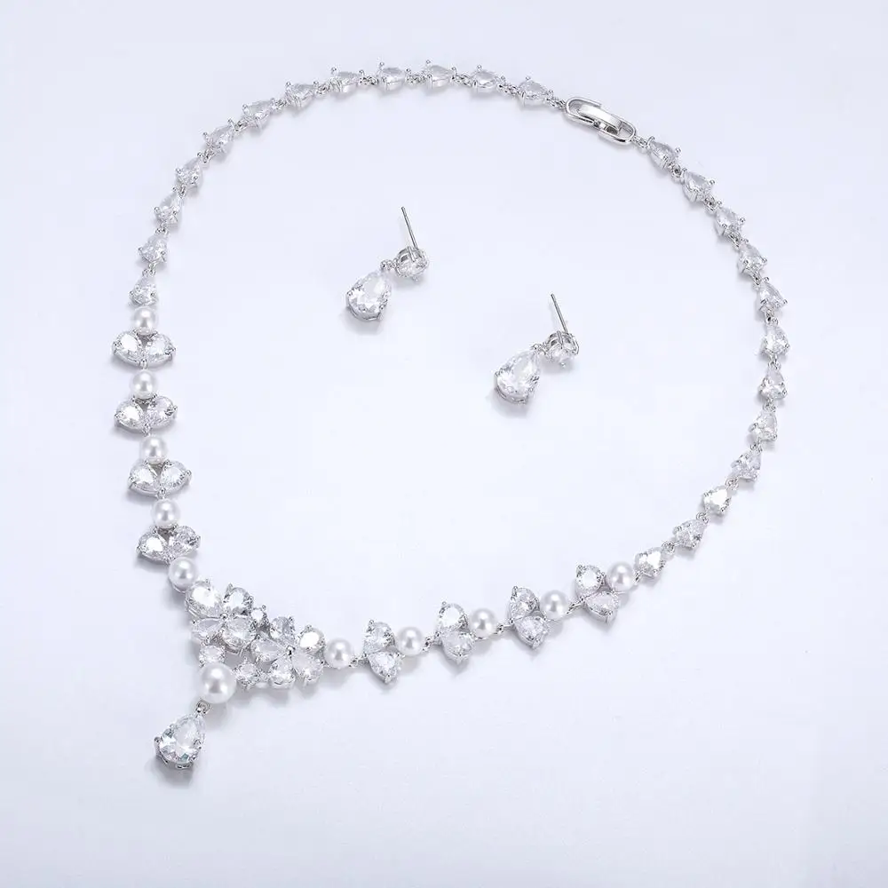 CZ Cubic Zirconia Bridal Wedding Flower Necklace Earring Set with Real Pearls, Women Prom Jewelry Accessories