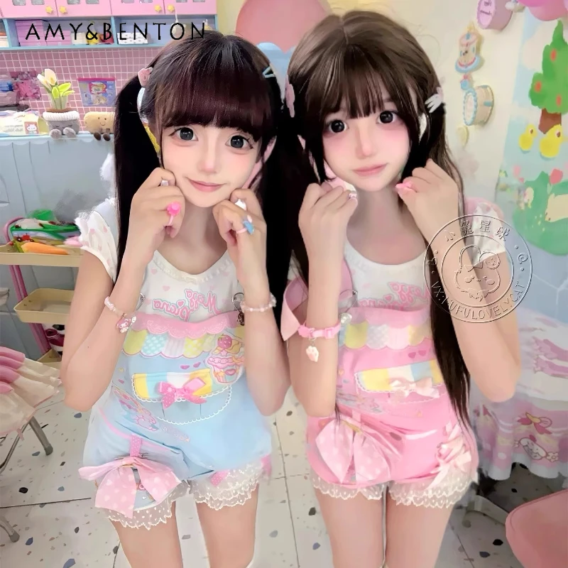 

Japanese New Pink Embroidered Cute Bow Women's Strap Shorts New Detachable 2D Sweet Age-Reducing Sling Jumpsuit Shorts Ladies