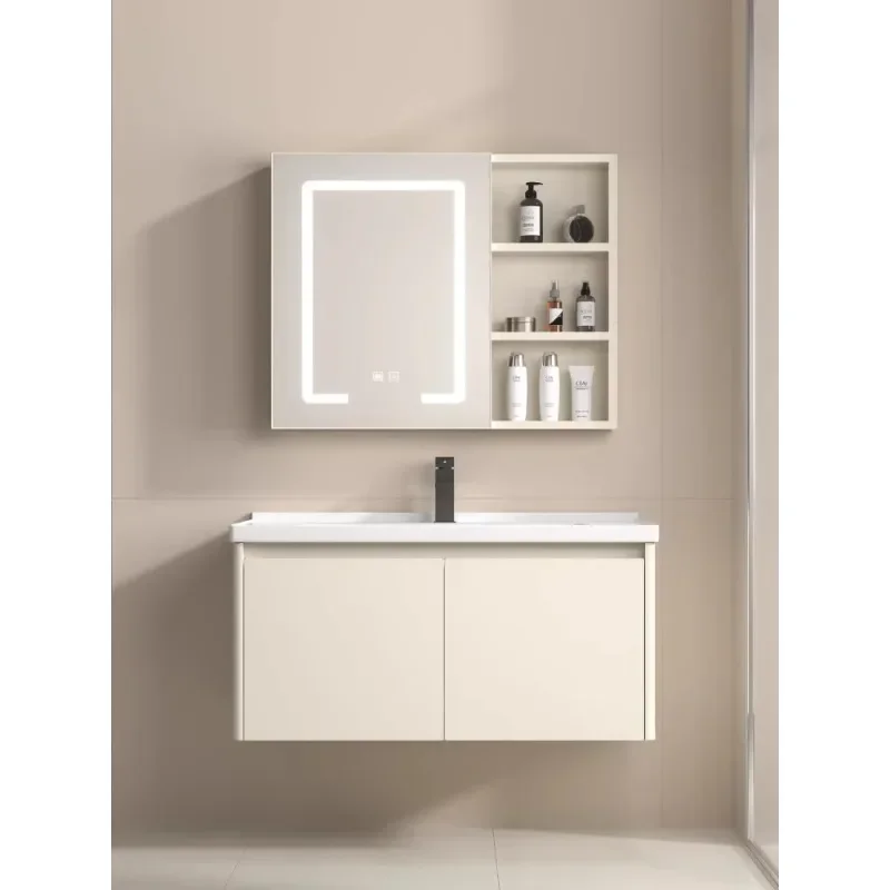 Cream Wind 304 Stainless Steel Bathroom Cabinet Slate Wash Table Ceramic Integrated Hand Washbasin Cabinet CombinationHot Sales