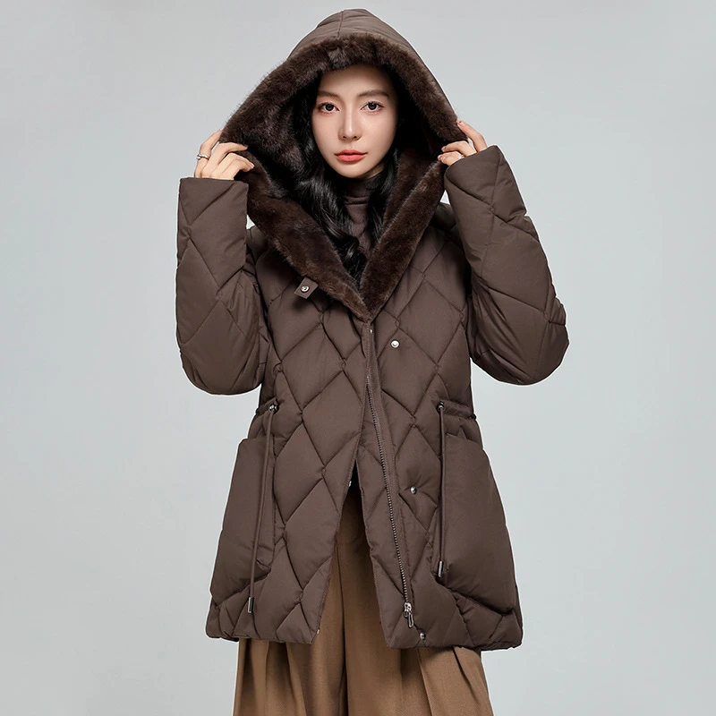 

New Winter Down Jackets Plus Velvet Thick Warm Mid-Long Women's Parka Coat Big Pockets Waist Trther Hooded Cotton Padded Jackets