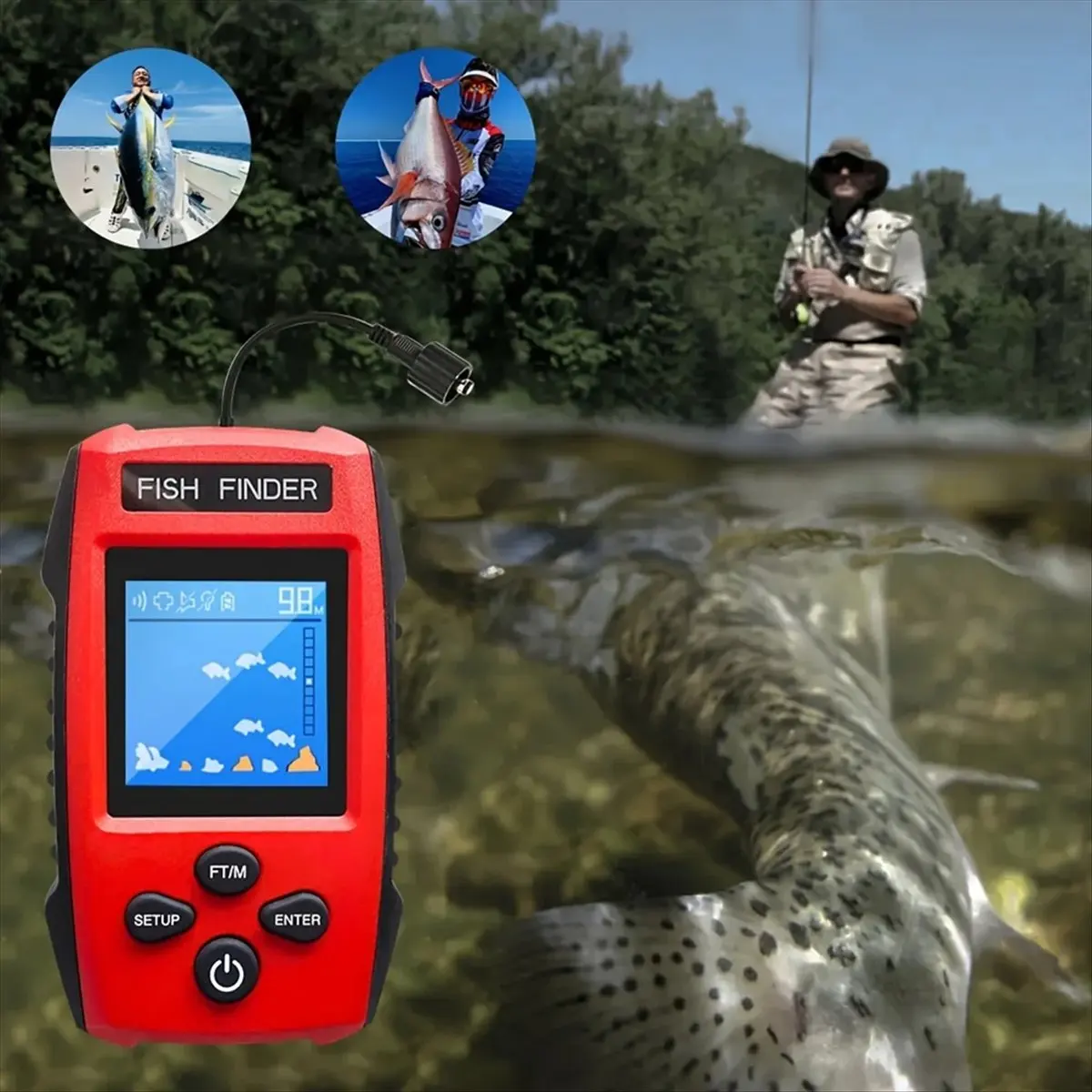 Color LCD Fish Finder Wired Sonar Transducer with Detection Depth Finder Fishing Boats, Kayak Pesca for Fishing