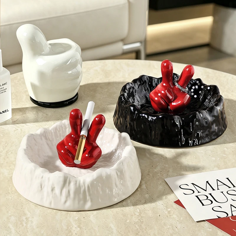 Creative Victory Gesture Ceramic Ashtray Irregular Rock Texture Cigarette Ash Tray Funny Hand Shape Ornament Home Bar Decor Gift