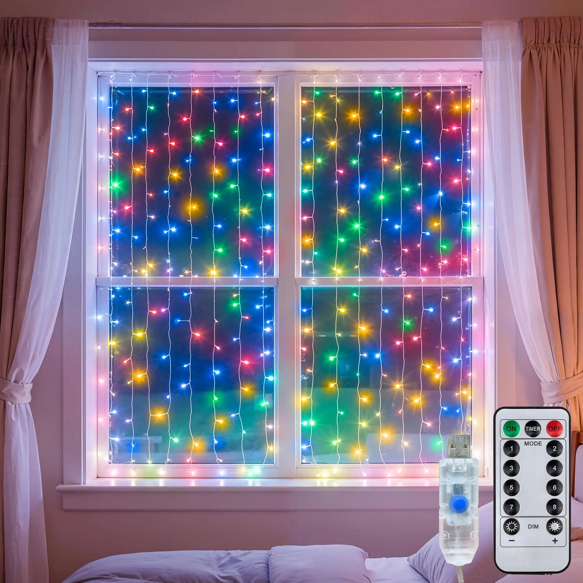 Curtain String Lights Indoor, 300LED 9.8 * 9.8FT USB Plug-in Window Curtain Lights with Timer and 8 Modes, Waterproof Multicolor Curtain Fairy Lights for Bedroom Room Wedding Outdoor Decor