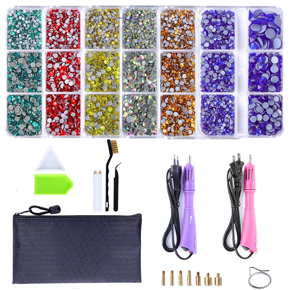 Hotfix Glass Rhinestone Set EU/US PLUG Hot Fix Rhinestone Applicator Wand Tool Kit Hotfix Crystals Gems Iron on Diamond Strass