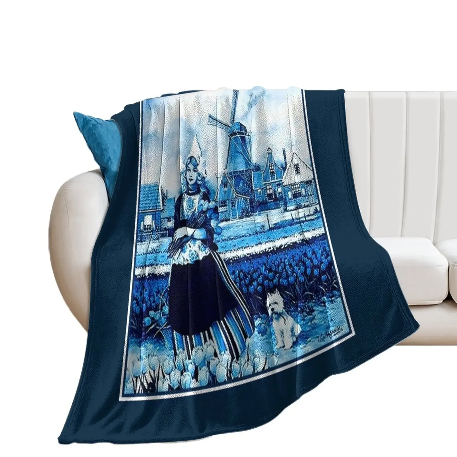 

DUTCH BLUE DELFT : Vintage Windmill, Young Girl, Dog and tulips Print Throw Blanket For Baby Warm Blankets